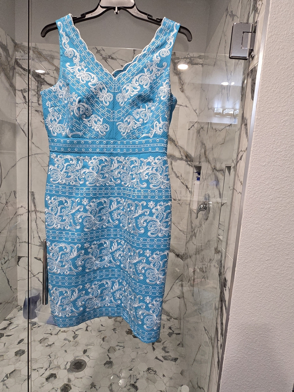 ANTONIO MELANI Turquoise & White V-Neck Lace-Patterned Midi Dress